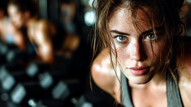 A determined young woman with freckles and sweat on her face, intensely focused during a gym workout, with blurred figures in the background. - Powered by Adobe