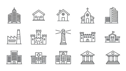 Collection of Line Art Building Icons for Architecture, Real Estate, and Cityscapes