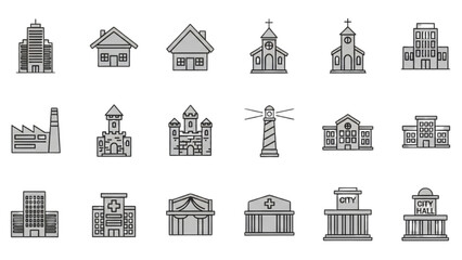 Collection of Line Art Buildings Diverse Architectural Structures and Icons Set