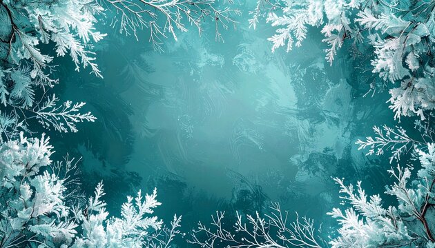 Winter scene with frosty branches and a cool blue background evokes a tranquil atmosphere