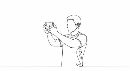 Continuous line drawing of a man holding a camera.