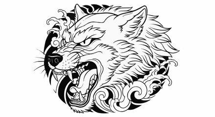 Ferocious wolf head illustration with sharp teeth and intense gaze.