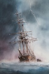 Obraz premium A large antique sailing ship during a storm, painted in watercolor.
