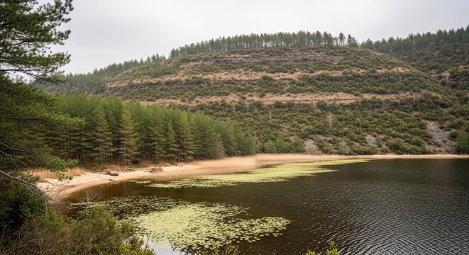 Serene natural landscape featuring a calm lake with water lilies, a small beach, and lush green pine trees covering the hillside on a peaceful, cloudy day