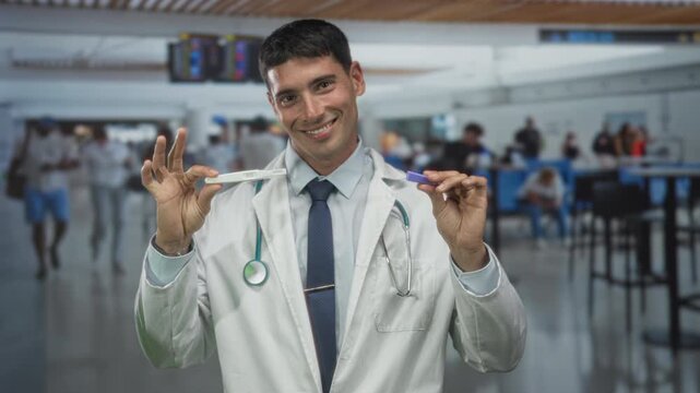 Man hispanic doctor holds pregnancy test device gently with both hands in busy airport terminal; hope optimism.