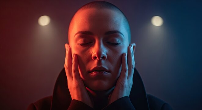 A serene person with a shaved head holds their face with closed eyes, illuminated by dramatic red and blue neon lights in a cinematic, atmospheric portrait - Powered by Adobe