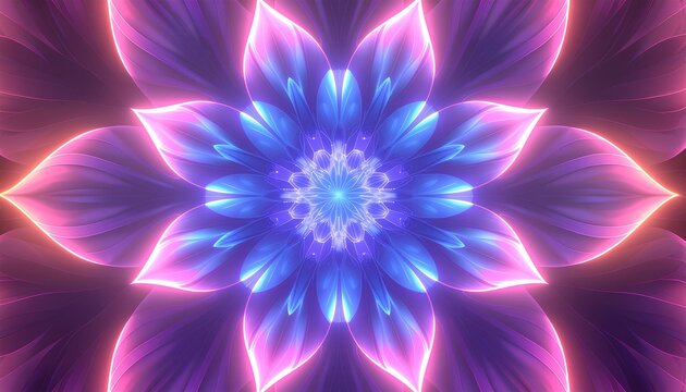Abstract spiritual background of a glowing cosmic lotus flower with vibrant fractal petals and neon light