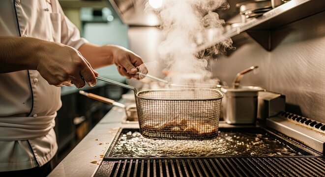Close-up of a professional chef's hands lifting a metal basket of food from a deep fryer with hot bubbling oil and steam in a commercial restaurant kitchen