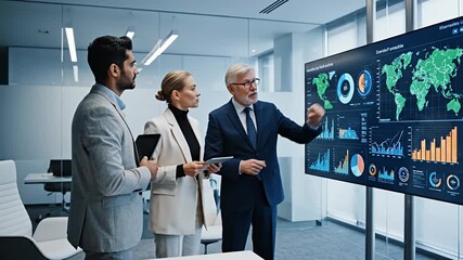 Senior Executive Guiding Diverse Business Team Through Global Market Data on Large Digital Screen in Modern Corporate Office Meeting for Strategic Analysis - Powered by Adobe