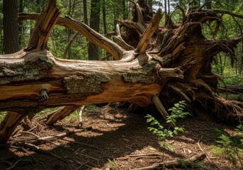 Obraz premium Massive uprooted tree trunk lies on forest floor amidst lush greenery