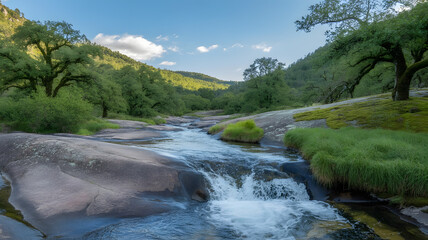 River flowing through a lush green forest with rocky banks under a clear blue sky in a serene natural landscape
