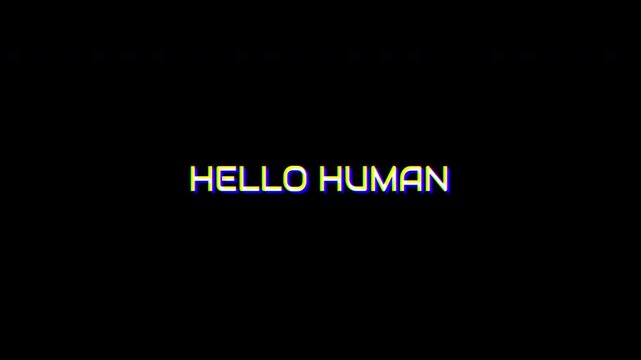 4k stock | Glitch black background text animation hello human digital cyber suitable for intros, outros, sci-fi projects, technology themes, and futuristic content.