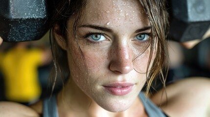 Close-up portrait of a determined woman with bright blue eyes, her face glistening with sweat, holding heavy dumbbells overhead in a gym setting. Her hair is da