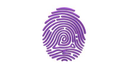 3 D rendered purple fingerprint graphic with a glossy finish on a background identity identification