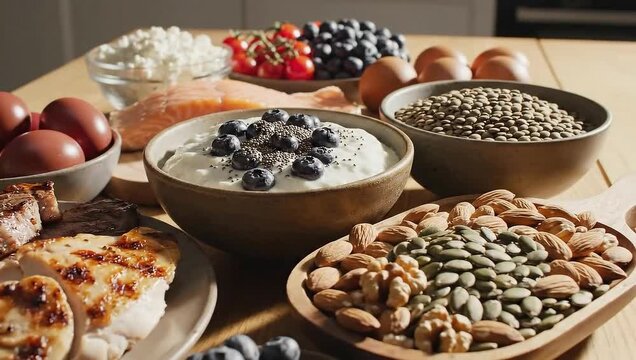 High-Protein Power Meal A Nutrient-Dense Feast of Salmon, Chicken, Nuts, and Berries &ndash; Perfect for Keto, Low-Carb, and Fitness Focused Healthy Eating Plans