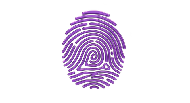 3 D rendered purple fingerprint graphic with a glossy finish on a background identity identification