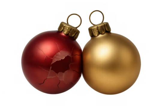Red christmas ornament broken next to a golden bauble, symbolizing fragility and holiday disappointment, transparent background
