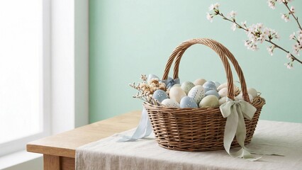Easter basket with colorful eggs on wooden table by window  