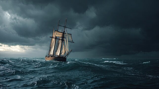 A sailboat during a storm in the ocean. Wooden ship. Real photo