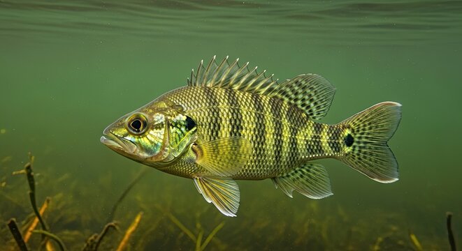 Stunning underwater wildlife photography of a single striped sunfish swimming in its natural freshwater habitat, surrounded by murky green water and plants