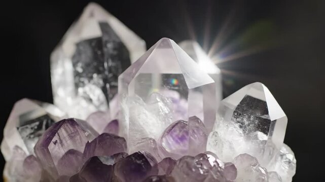 A solitary perfectly formed quartz crystal cluster catches light with its multifaceted purple and clear facets