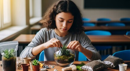 Woman arranging succulent plants in a glass terrarium in a classroom. Therapeutic activity for child with special needs, focused mindful leisure.