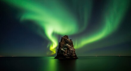 A spectacular green aurora borealis swirls in the starry night sky above a solitary sea stack, its magical light reflecting on the calm, dark ocean surface