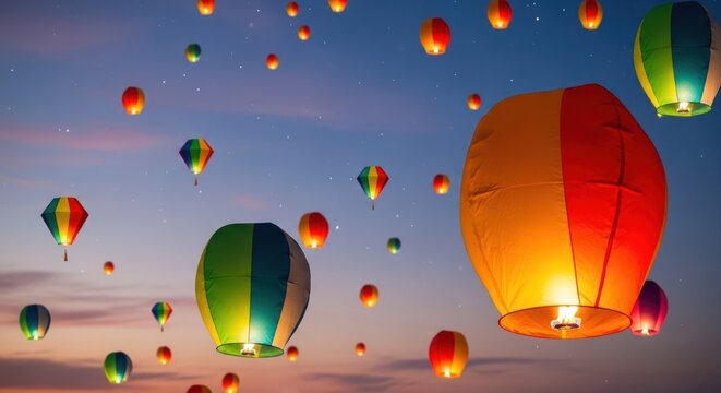 A vibrant sky filled with colorful lanterns against a twilight sky.