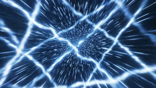 Abstract blue light trails streak across a dark canvas in a dynamic energetic pattern