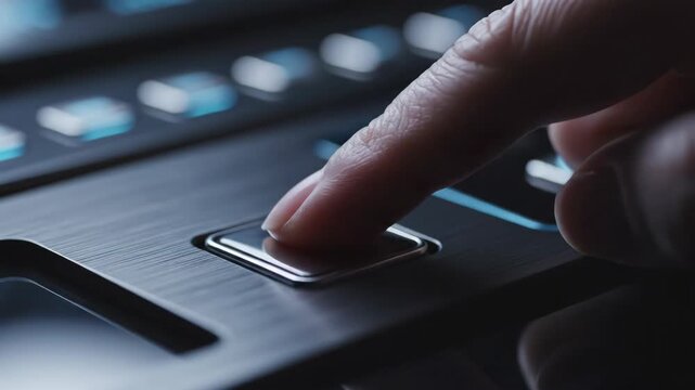 Finger is Pushing Glowing Blue Button on Device