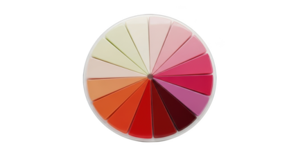 A circular palette of colorful makeup shades in wedges ranging from pale yellow to deep red on a background