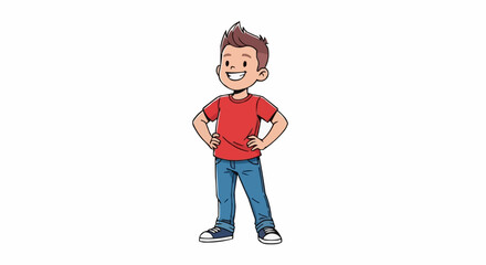 Cartoon boy standing confidently with hands on hips.
