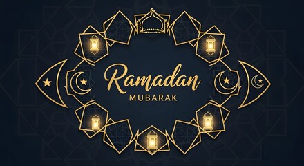 Ramadan mubarak festive background with islamic geometric decoration crescent moon star lantern in gold on dark luxurious template banner