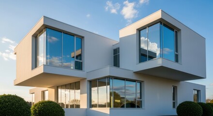 A modern, minimalist house with large glass windows and a white exterior.