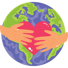 Two hands embracing a vibrant pink heart with a stylized green and blue earth globe in the background symbolizing global love and care with a transparent background