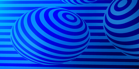 Blue Striped Spheres With Concentric Rings Create Optical Illusion Art.vector illustration eps10
