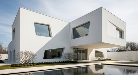 Fototapeta premium A modern, minimalist white house with large windows and a pool in front.