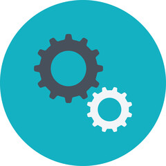 Two interlocking gears one dark gray and one white on a teal blue circular background representing mechanical engineering and teamwork