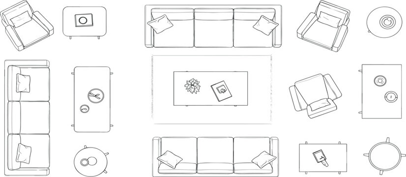 A detailed set of architectural furniture symbols in a top-down plan view, featuring sofas, armchairs, and tables for interior design layouts