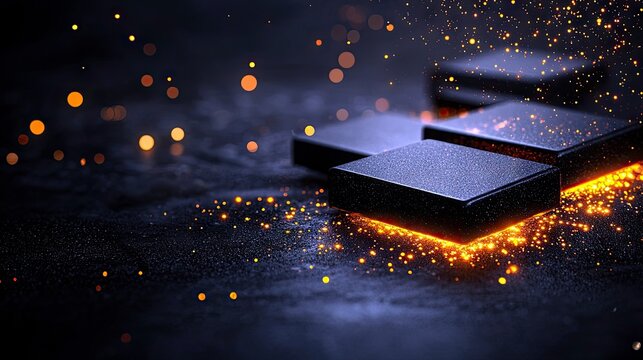 Dark, textured surface with abstract square objects and glowing orange particles scattered around.