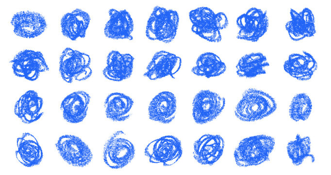 Hand drawn blue messy chaotic scribble lines collection. Charcoal or pencil sketches decorative, brush freehand doodle scribbles on a white background art canvas. Vector scribble circles illustration.