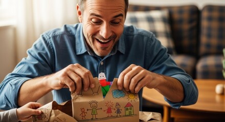Obraz premium A man opening a gift bag with a child's drawing on it.