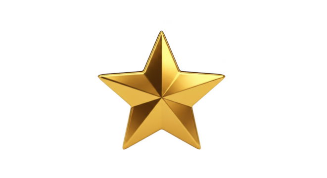 A polished gold five-pointed star with sharp edges and facets on a background golden metallic