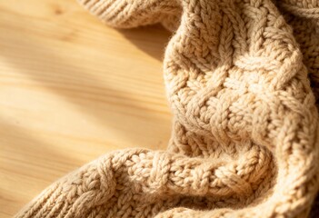 Close up texture of beige knitted wool sweater on wooden table, cozy winter background