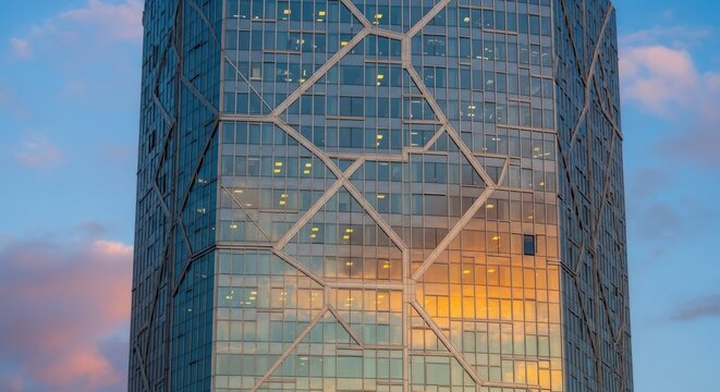 A modern glass skyscraper with a geometric facade reflecting the sky at sunset.