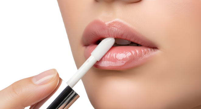 Macro close up of person applying glossy lip gloss or balm for beauty and hydration. isolated PNG with Transparent Background - Powered by Adobe
