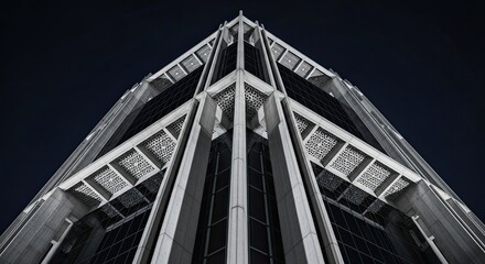 A low-angle, symmetrical view of a modern skyscraper with a geometric concrete facade and ornate patterns, creating a dramatic and powerful architectural abstract against a dark night sky