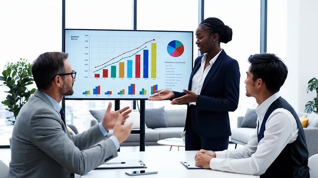 Professional Businesswoman Leading a Strategic Office Presentation to Diverse Colleagues Using Data Visualizations and Graphs for Financial Analysis - Powered by Adobe
