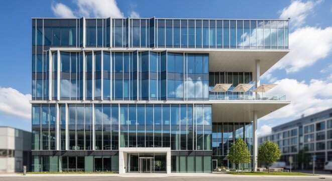 A modern office building with glass windows and a blue sky in the background. - Powered by Adobe