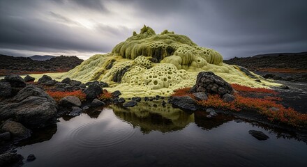 A surreal volcanic landscape showcases a vibrant yellow sulfur formation with a porous texture, perfectly reflected in a still pool of water under a dramatic, cloudy sky